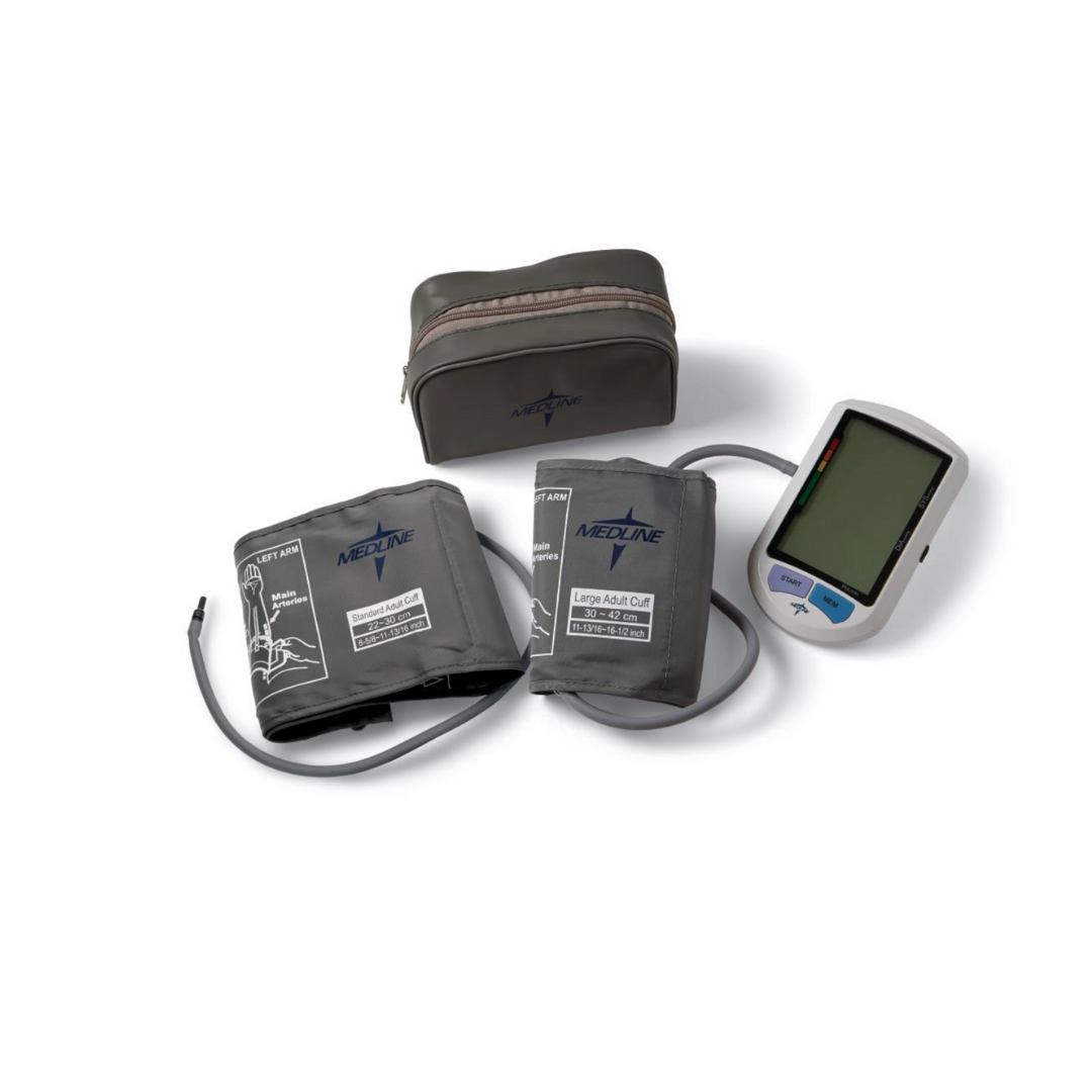 The Medline Elite Automatic Digital Blood Pressure Monitor features automatic inflation, two gray cuffs, a digital display unit, and a compact carrying case, shown together on a white background.
